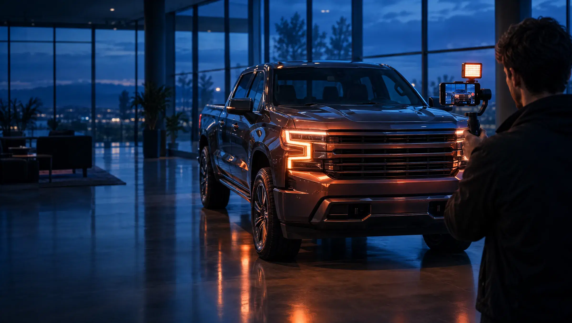 A content creator filming a new pickup truck on a dealership showroom floor at dusk