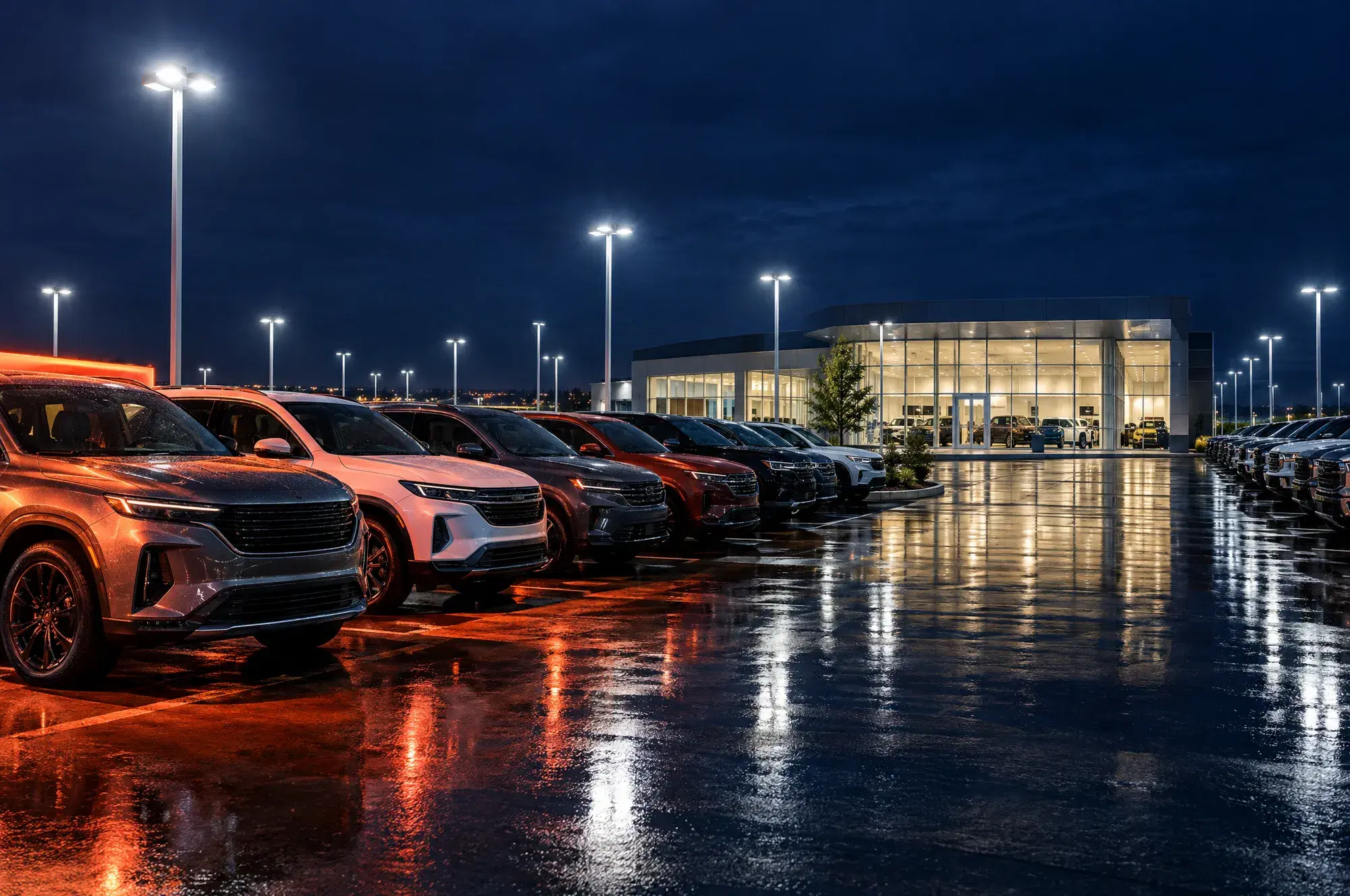 A dealership lot at night with rows of new vehicles under tall lights